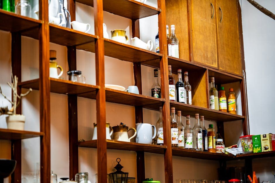 Organized restaurant kitchen storage shelves