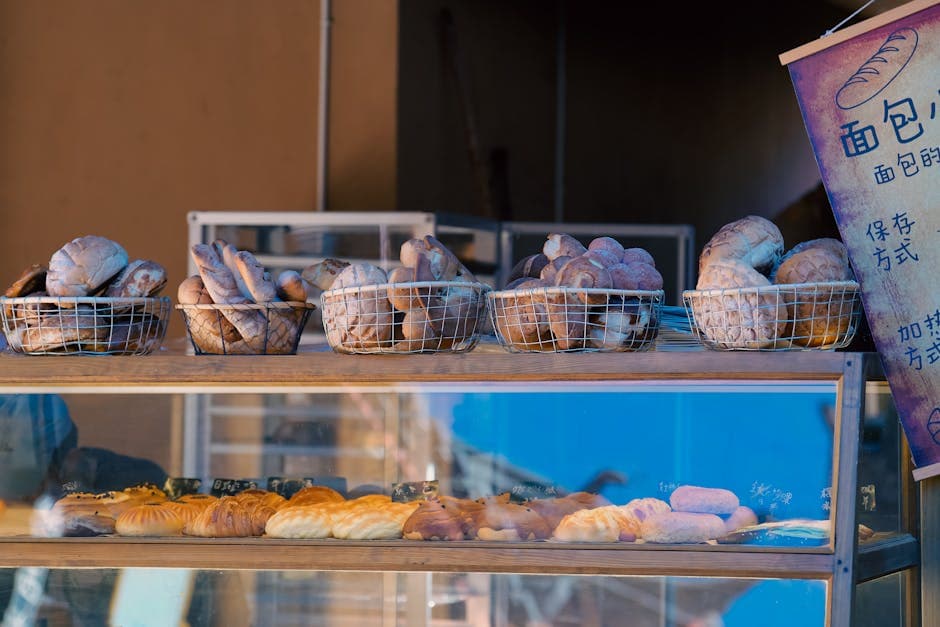 French bakery counter with fresh bread display