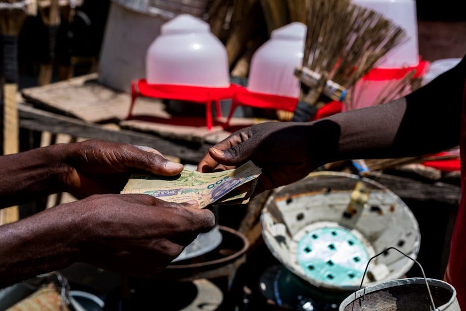 African market shop with cash and currencies